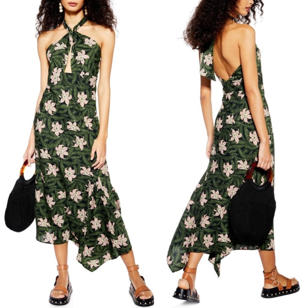 Topshop Hibiscus Halter Midi Dress Floral Size